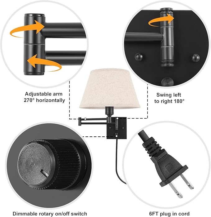 TRLIFE Dimmable Wall Sconce Plug in, Wall Sconces Set of Two Swing Arm Wall Lights with Plug in Cord and On/Off Dimmer Rotary Switch, 11.8" Large Beige Fabric Shade(2 Pack, 2 Bulbs Included)