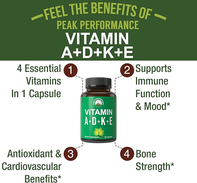 Vitamines D haute performance 5 000 UI + A + K + E, tout en 1 seule capsule végane facile à avaler. Supplément de vitamines ADK avec E D3 K2. Vitamines essentielles pour l'humeur, le système immunitaire, les os, la vue, le cœur.