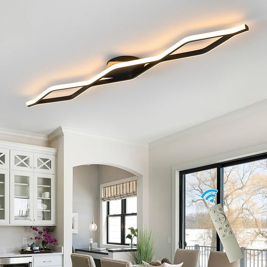 Qcyuui Dimmable LED Ceiling Lights 46.4'' Kitchen Lighting Fixtures Ceiling Black Flush Mount Ceiling Light with Remote Linear Ceiling Light for Kitchen Bedroom Dining Room Hallway,24W