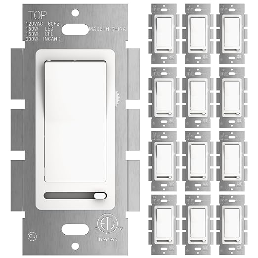 Amico 12 Pack Slide Dimmer Switch, Single-Pole or 3-Way, for Dimmable LED Lights (150W), CFL, Incandescent & Halogen Bulbs (600W), No Wall Plate Included, ETL Listed, White