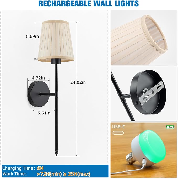 NIORSUN Battery Operated Wall Sconce Set of 2,Beige-Black Rechargeable Wall Lights with 10400mAh Dimmable Bulbs and Remote, 9 Colors Wireless Wall Lamps for Bedroom Living Room Hallway