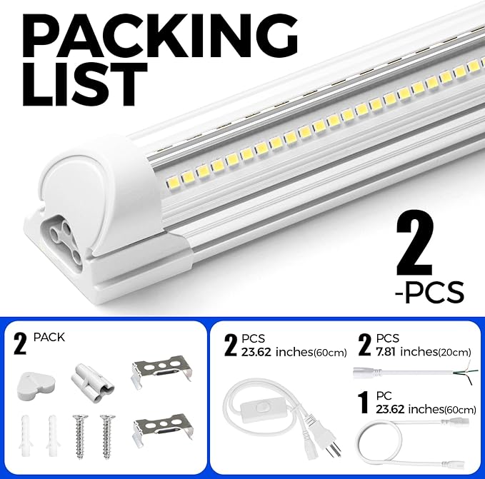 Barrina 6500K 1.5FT LED Shop Light, 3450LM, 25W, T8 Under Cabinet Lighting, Workbench, Workshop, Room, Kitchen, LED Tube Lights, Linkable Light Fixture with Built-in ON/Off Switch, ETL, 2 Packs