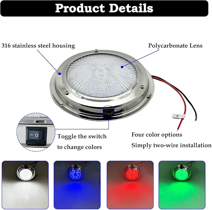 Marine Boat Dome Light,RGBW 5.5" 12V LED Interior Cabin Lights with Toggle Switch, Stainless Steel Surface Mount