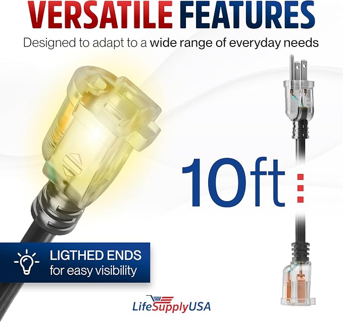 10ft Outdoor/Indoor Extension Cord 14/3 Gauge Heavy Duty 3 Prong SJTW, Waterproof, Flexible Cold-Resistant Long Power Cord,15A 125V 1875W, Black by LifeSupplyUSA