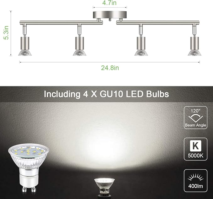 Unicozin LED 4 Light Track Lighting Kit, 24.8'' Matt Nickel 4 Way Ceiling Spot Lighting, Flexibly Rotatable Head, Modern Track Light Included 4 x LED GU10 Bulb (4W, Daylight White 5000K, 400LM)