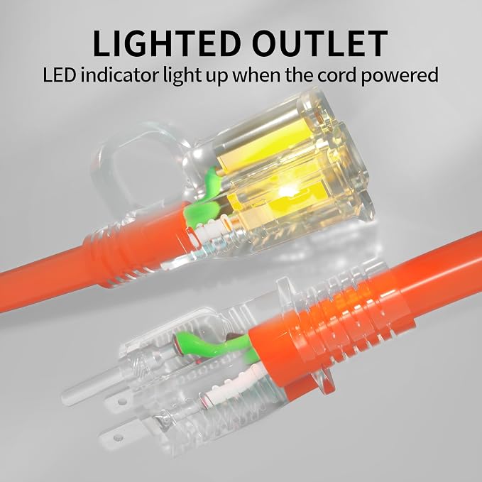 POWGRN 50 ft 12/3 Outdoor Extension Cord Waterproof Heavy Duty with Lighted Indicator End 12 Gauge 3 Prong, Flexible Cold-Resistant Long Power Cord Outside, 15Amp 1875W SJTW Orange ETL Listed