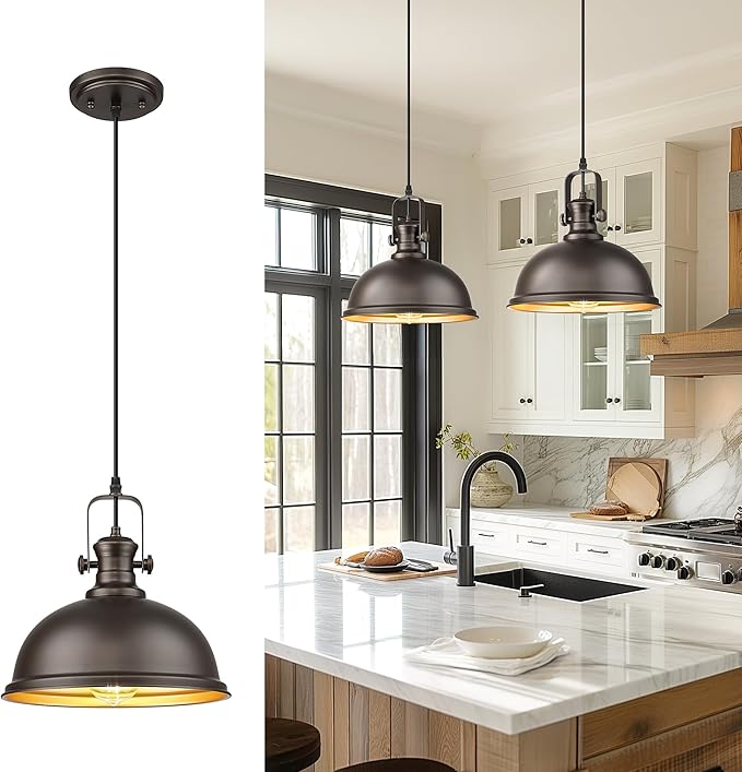 Pendant Lights Kitchen Island, Farmhouse Hanging Lights Fixtures with Metal Shade, Rustic Kitchen Pendant Lighting Over Island for Dining Room, Oil Rubbed Bronze, AD-2151-1PL-ORB