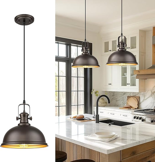 Pendant Lights Kitchen Island, Farmhouse Hanging Lights Fixtures with Metal Shade, Rustic Kitchen Pendant Lighting Over Island for Dining Room, Oil Rubbed Bronze, AD-2151-1PL-ORB