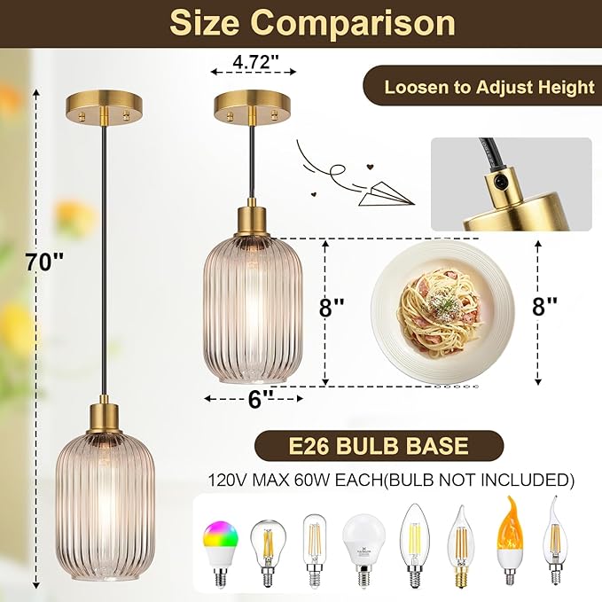 2 Pack 11"-70" Height Adjustable Clear Cylinder Pendant Lights Kitchen Island with Ribbed Lampshade, Brushed Gold Hanging Light Fixture, Pendant Lighting for Kitchen Island (Bulbs Not Included)
