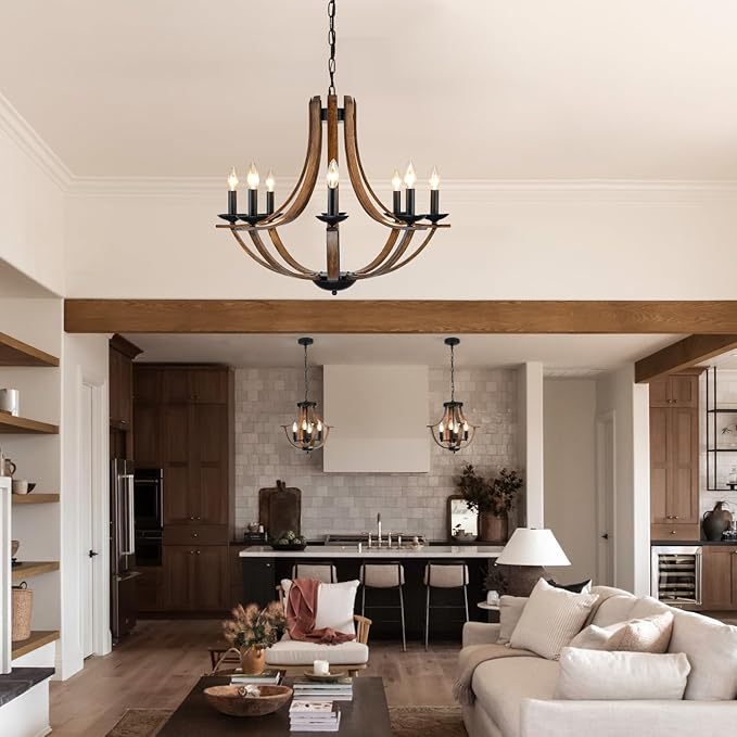 LAMPKEDUO Rustic Farmhouse Dining Room Chandelier Light Fixture, 8-Light 28" Adjustable Chandelier for Kitchen Island, Living Room, Foyer, Staircase, Restaurant, Showroom, Villa, Faux Walnut