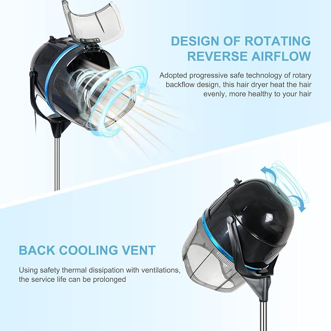 Nova Microdermabrasion Professional Hooded Floor Hair Dryer Adjustable Bonnet Hair Dryer Stand Up with Timer and Rolling Wheels for Beauty Spa Home Salon Equipment (Black)