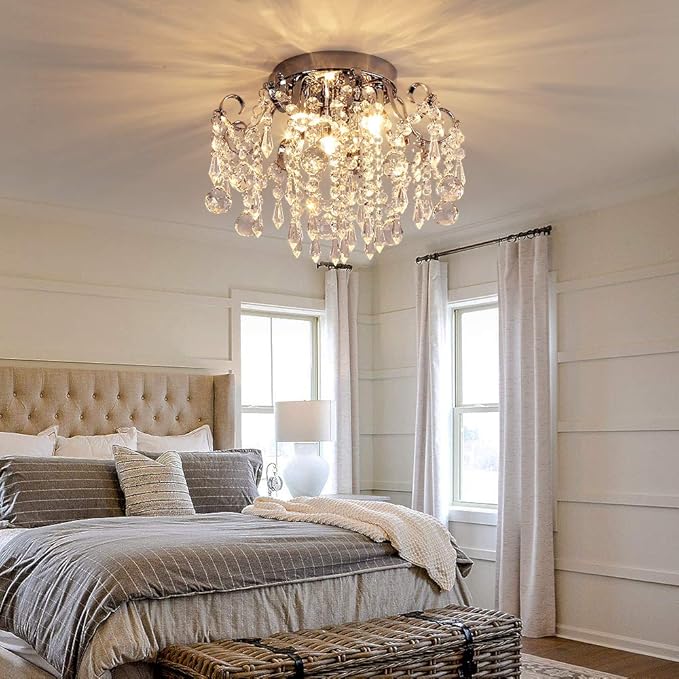 Q&S Small Crystal Chandelier Flush Mount Ceiling Light 3 Lights Modern Chrome Iron Raindrop Crystal Ceiling Fixture for Bedroom Hallway Closet Entryway Stairs