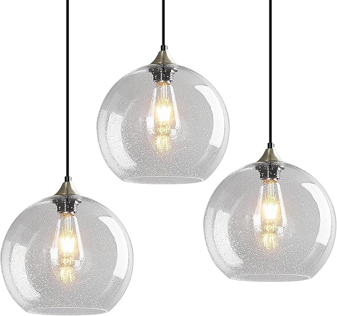 Modern 3-Pack Glass Globe Pendant Lights, Clear Modern Pendant Lighting for Kitchen Island, Clear Glass Hanging Lamps for Dining Room Living Room Bedroom, Small 5.9 Inch Fixture (Bulbs Not Included)