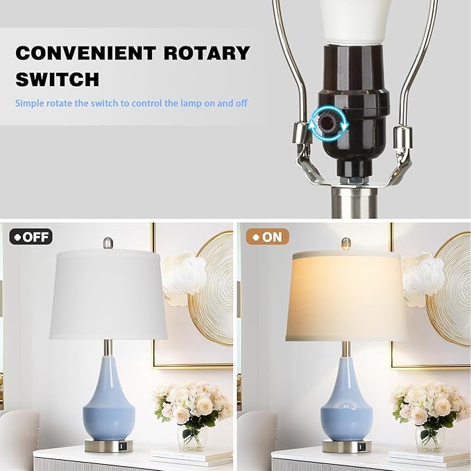 Cinyirong Modern Blue Table Lamp Set of 2, 24" Ceramic Table Lamp with USB A+C Ports,Classic Beside Lamps Nightstand Lamp Modern Lamp for Living Room, Bedroom & Office -LED Bulbs Included