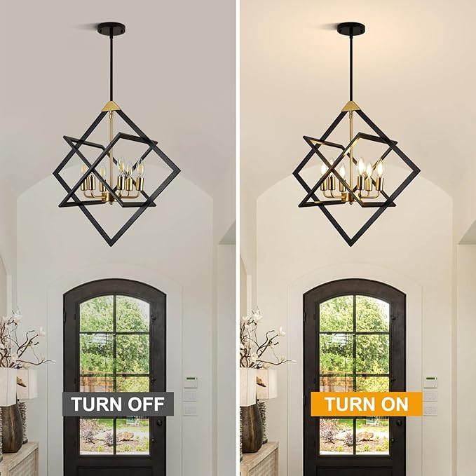 24" Modern Black and Gold Chandelier, No Assembly Required 6-Light Dining Room Light Fixture Over Table, Industrial Metal Hanging Pendant Lights Fixture for Kitchen Island, Entryway, Foyer
