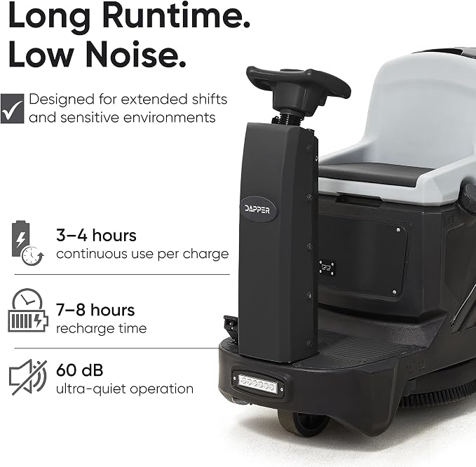 Battery Powered Ride-On Commercial Floor Scrubber Machine, 22" Brush, 31.5" Squeegee Width, 19 gal Solution Tank, 20 gal Recovery Tank, 5 hr Use 7 hr Charge, 200 RPM, 48,400 Sqft/H, Batteries Included