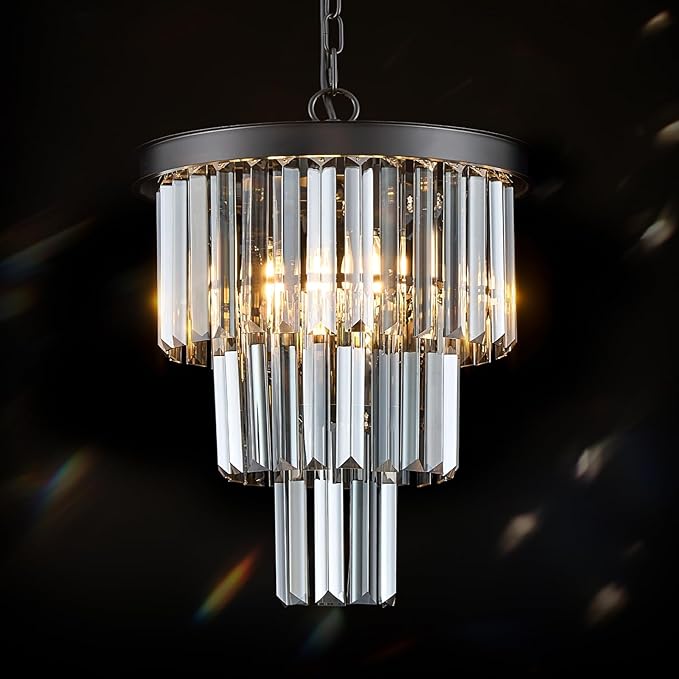 CATINER 3 Tier Black Crystal Pendant Light, Mini Smoke Gray K9 Crystal Chandelier with Adjustable Chain, Modern Small Ceiling Pendant Lighting for Kitchen Island Dining Room Hallway Bedroom Closet