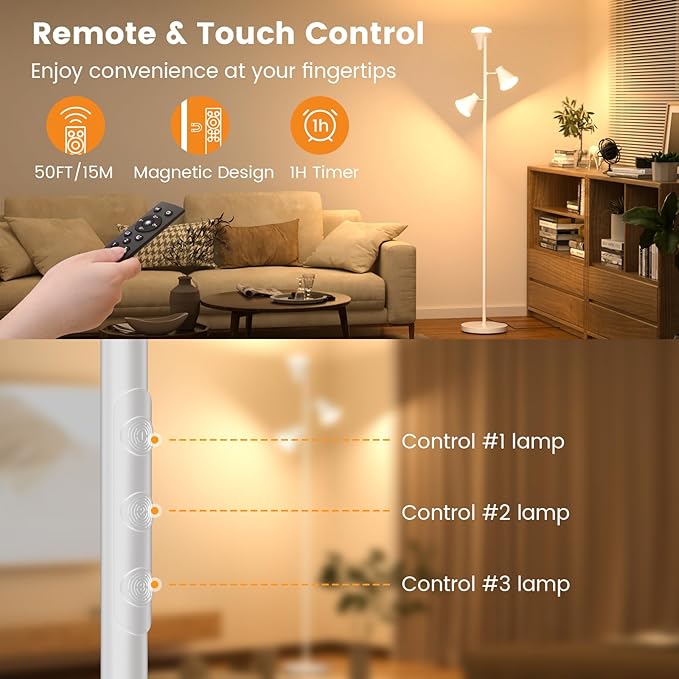 SIBRILLE 36W LED Tree Floor Lamp, Dimmable Tall Standing Lamp with Remote & Touch Control, 4 Color Temperatures Bright Floor Lamp, 3 Rotatable Light Modern Floor Lamps