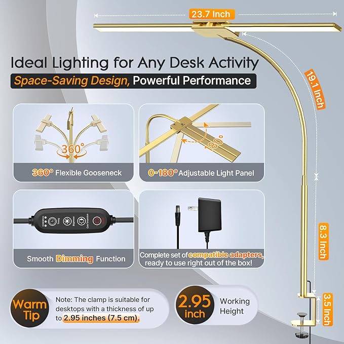 Syrinx LED Desk Lamp for Office Home, Dual Head Eye-Care Architect Table Lamp, Gesture/Wired Control, Flexible Neck, Bright Desk Light with Memory/Timer, 50 Lighting Modes for Study, Drafting, Gold