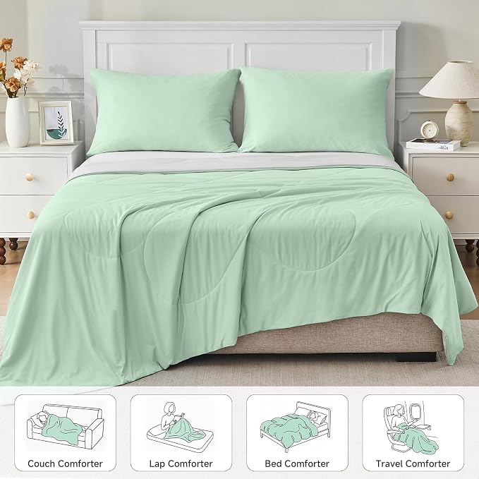 HOMFINE Cooling Comforter Japanese Double-Sided Cold Tech Fabric Cooling Blanket for Night Sweats Hot Sleepers, Q-Max 0.45 Soft Breathable Silky Smooth Lightweight, Green Summer Comforter Queen