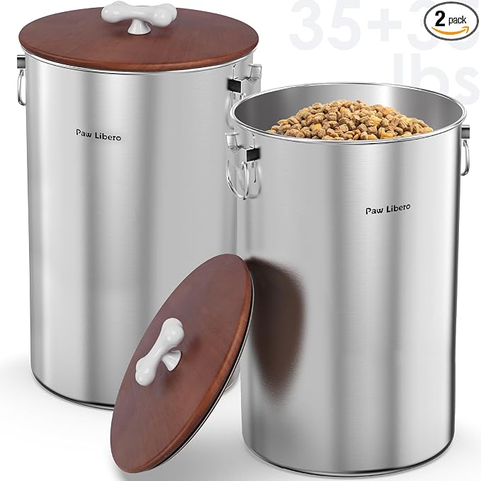 Paw Libero 2PK 35 Lbs total 70Lbs Stainless Steel Dog Food Storage Container with Airtight Wooden Lid & Ceramic Bone Handle, Large Metal Dog Food Bin for Dogs & Cats, Keep Fresh, Easy to Clean
