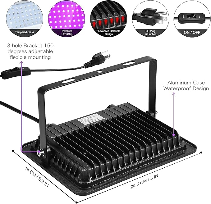 XYCN 3 Pack 100W LED Black Light, Blacklight Flood Light with Plug and Switch, IP66 Waterproof Neon Glow for Party, Halloween, Fluorescent Poster, Body Paint, Aquarium