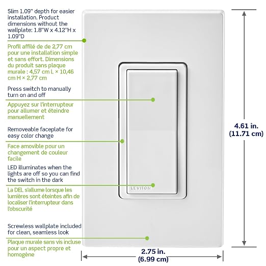 Leviton Decora Smart Switch, Wi-Fi, Works with Matter, Alexa, Google Assistant, Apple Home/Siri & Wired or Wirefree 3-Way, Neutral Wire Required, D315S-1RW, White