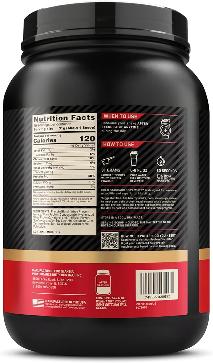 Optimum Nutrition Gold Standard 100% Whey Protein Powder, Vanilla Ice Cream, 2 Pound (Packaging May Vary)