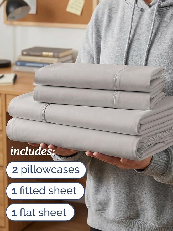 Twin XL 4 Piece Sheet Set - Comfy Breathable & Cooling - Ultra Soft Hotel Luxury Bedding Set w/ 8-16 Inch Deep Pockets - 1 Flat & 1 Fitted Sheet & 2 Pillowcases - Wrinkle Free & Easy Care - Light Grey