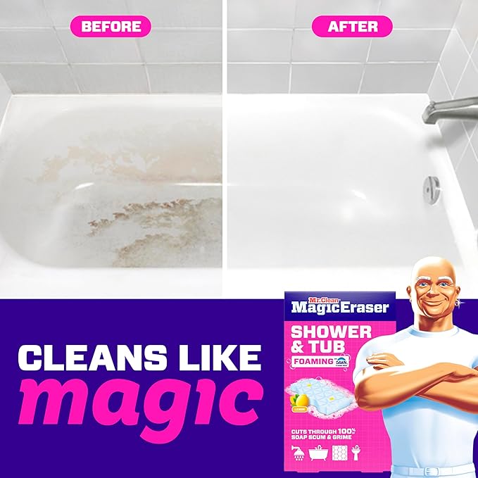 Éponge magique effaceur de taches Mr. Clean, nettoyant pour salle de bain, douche, baignoire, éliminateur de résidus de savon, fournitures de nettoyage de salle de bain, puissance de nettoyage Dawn avec parfum de citron, douche et baignoire, 6 unités