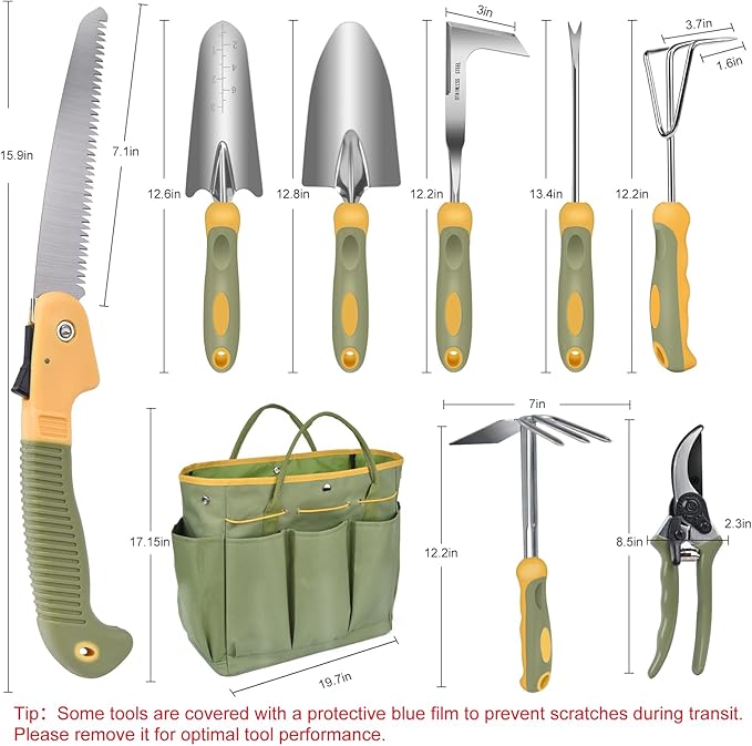 Garden Tool Set, WisaKey 9 Piece Stainless Steel Heavy Duty Gardening Hand Tools with Handle, Durable Garden Tool Bag, Gardening Gifts for Women and Men for Woman Mothers