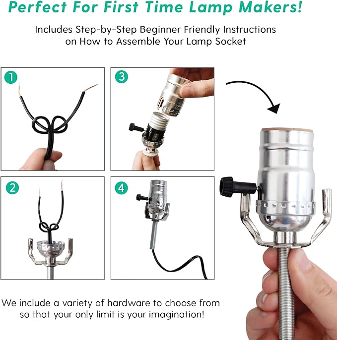 DIY Lamp Wiring Kit, Silver Socket & 8FT Black Cord (1 Pack), For Making & Fixing Table or Floor Lamps, Repair & Rewire Antique or Vintage Lighting Fixtures, Complete Hardware Set