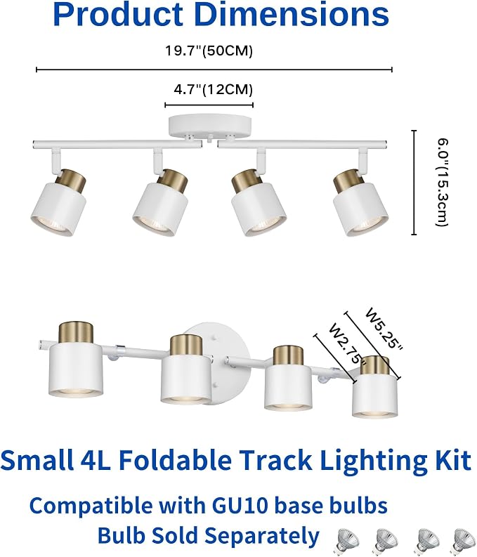 4 Light Track Lighting Kit, Matte White Brass Finish Adjustable with Modern Flush Mount Ceiling Spotlight for Kitchen,Dining,Living Room,Home Improvement