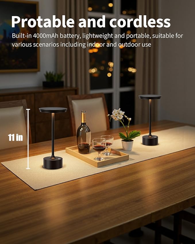 PUSU Rechargeable Table Lamps Set of 2, Black Cordless LED 4000mAh Battery Desk Lamp, Stepless Dimming & 3 Color 2700K-6000K, Portable Lamp for Bedroom, Living Room, Restaurant, Outdoor, Night Light