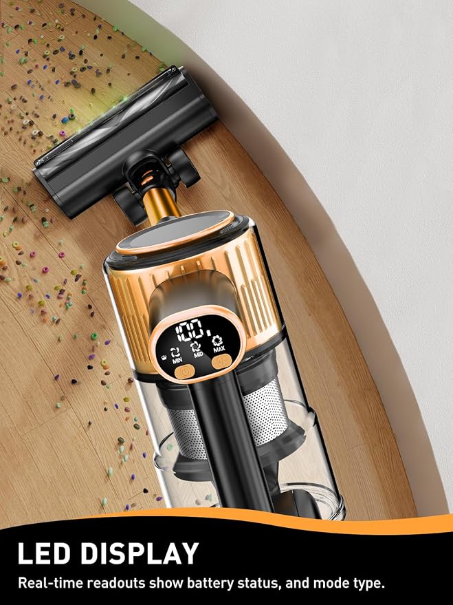 VICEASE Cordless Vacuum Cleaner, 8 in 1 Powerful Suction Lightweight Vacuum Cleaner for Home, LED Display, 3 Suction Modes, 45Mins Detachable Battery Vacuum for Hard Floor Carpet Pet Hair (Gold)