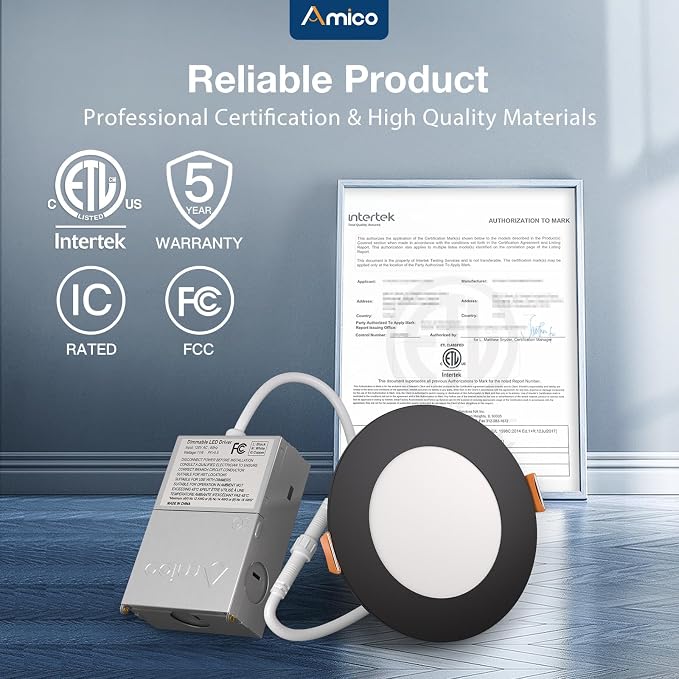 Amico 48 Pack 4 Inch 5CCT Ultra-Thin LED Recessed Ceiling Light with Junction Box, 2700K/3000K/3500K/4000K/5000K Selectable, 11W Eqv 70W, Dimmable Canless Downlight, 800LM High Brightness,Black