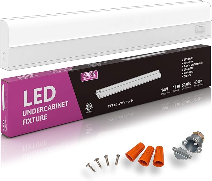 Hardwired LED Under Cabinet Task Lighting - 14 Watt, 21", Dimmable, 4000K (Cool White), Wide Body, Long Lasting Metal Base with Frost Lens