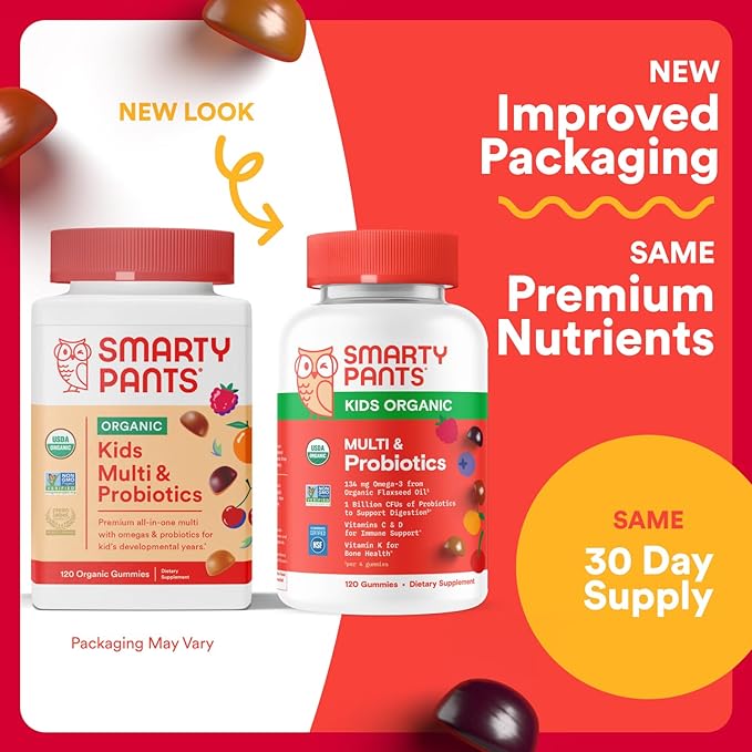 SmartyPants Complément alimentaire pour enfants – Multivitamines biologiques, probiotiques, oméga 3 (ALA), vitamines D3, C, B12, B6, A, K, zinc pour le soutien immunitaire, biotine, 3 saveurs de fruits, 120 gommes (30 jours d'approvisionnement)
