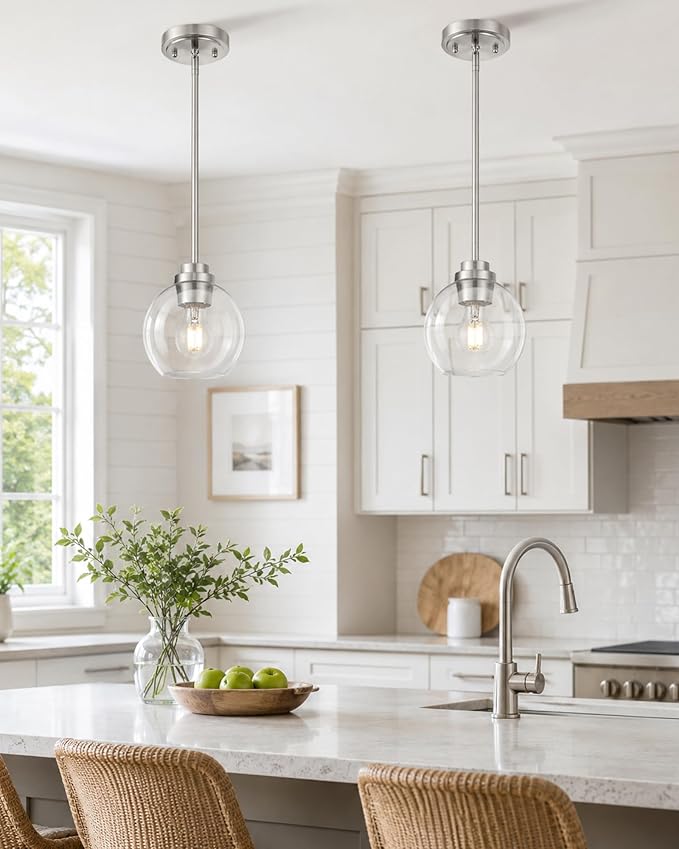 Pendant Lights Kitchen Island, 7" Modern Brushed Nickel Hanging Lights Fixtures with Clear Glass Globe Shade, Kitchen Island Lighting for Bathroom, AD-22280-1P-SN-C