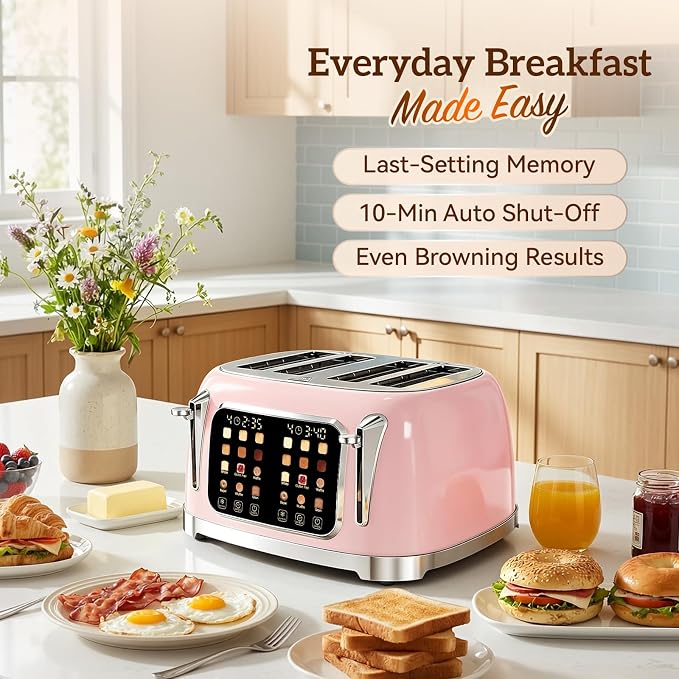 RONGBEST Retro Toaster 4 Slice with Stainless Steel Wide Slot Touchscreen for Family Breakfast, Reheat & Defrost, 6 Browning Levels for Bagel & Bread, Removable Crumb Tray, Blush Pink