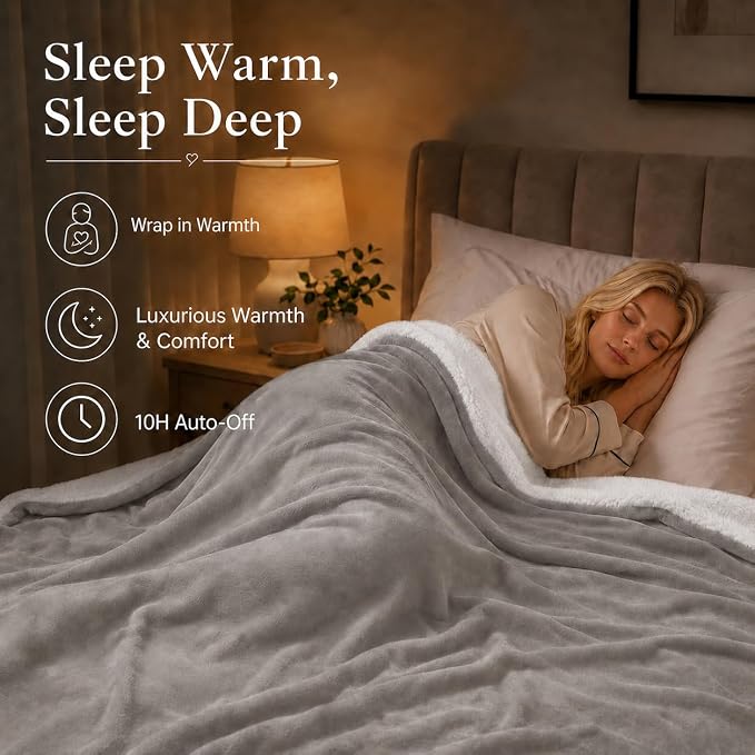 Electric Heated Blanket Full Size 72"x84" – ETL Certified for Safe Overnight, 4 Heat Settings & 10H Auto Off, Dual-Sided Microplush Sherpa for Home Theater Night, Machine washable – Light Gray