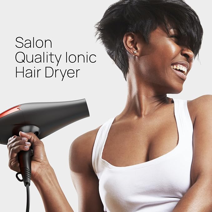 TREZORO Professional Hair Dryer, Ionic Ceramic Tourmaline Technology, 2000W Fast Quiet Drying, with Narrow & Wide Concentrator Nozzles, 3 Heat & 2 Speed Settings, Cool Shot Button, Black