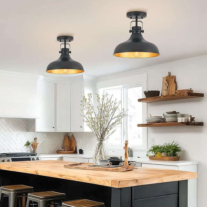 Metal Semi Flush Mount Light Fixture 11.4 inch Ceiling Light Black Hallway Light Fixtures for Kitchen,Hall,Bedroom,Bathroom,Entryway 2 Pack
