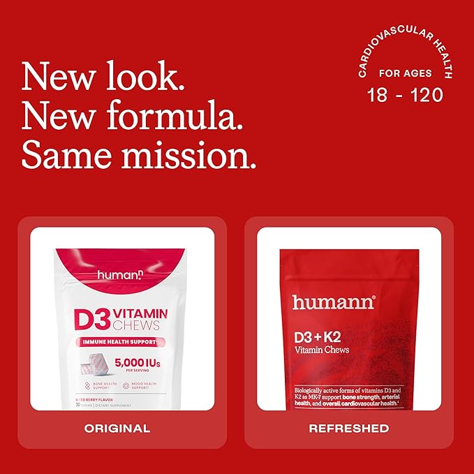 Humann ビタミンD3 + K2チュアブル - 高含有量ビタミンD 5000IU (125mcg) 気分、免疫、心臓血管、呼吸器、骨の健康をサポート、ミックスベリー味、30粒入り (2個パック)