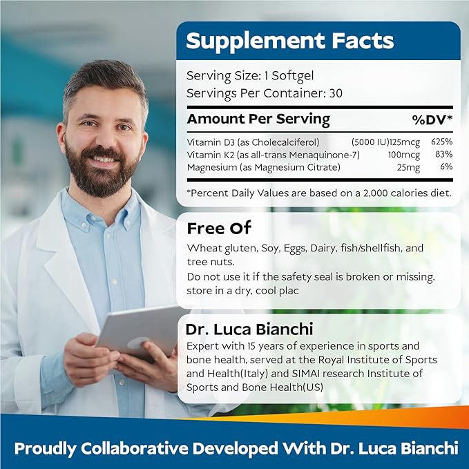 Vitamine D3 K2 - Supplément liposomique de vitamines pour les os, 5000 UI D3, 100 mcg K2 MK7 et magnésium pour femmes et hommes | Soutient la santé des os, des dents, du cœur, du système immunitaire et vasculaire*, Mini-capsules molles pour 90 jours