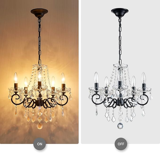 ANJIADENGSHI Small Crystal Chandelier, Modern Black Chandelier Dining Room Light Fixture, Mini Crystal Pendant Light for Bedroom Ceiling Light Fixture for Living Room Entryway Kitchen Island Hallway