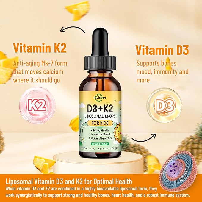 Gouttes de Vitamine D3 K2 pour Enfants, Complément Alimentaire Liquide Liposomal K2 D3 avec Calcium Magnésium Zinc, Vitamine B12, C, E pour des Os, des Dents et un Cœur Solides chez les Enfants et les Adultes, Saveur Ananas 2 Fl Oz