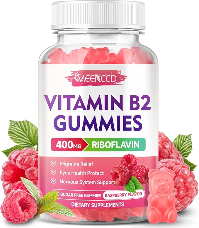 Gummies Vitamine B2 MEENCCD Riboflavine 400mg avec Magnésium pour Enfants et Adultes, Gummies B2 pour le Soulagement de la Migraine et le Soutien du Système Nerveux, Végétalien, Sans Sucre, Arôme Framboise, 60 Comprimés