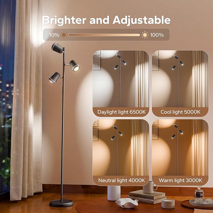 SIBRILLE 36W LED Tree Floor Lamp, Upgraded 3 Rotatable Lights Standing Lamp with Remote & Touch Control, Dimmable Tall Lamp Modern Floor Lamps for Living Room Bedroom Office