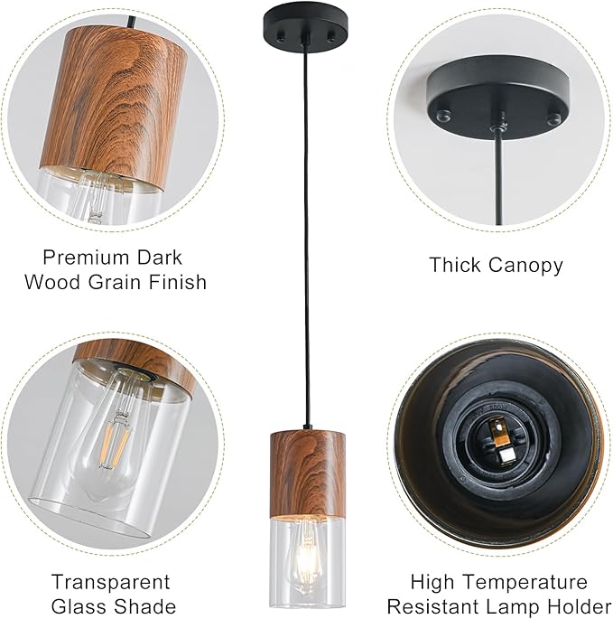 2-Pack Modern Pendant Lights for Kitchen Island, Adjustable Pendant Light Fixtures with Brown Wood Grain, Industrial Clear Glass Pendant Lights for Dining Table Hallway Bedroom Living Room